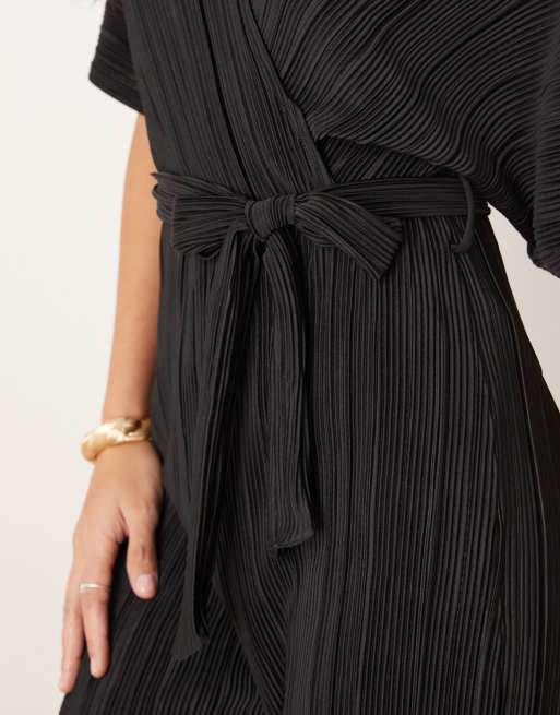 YAS plisse wrap front jumpsuit in black, 4 of 4