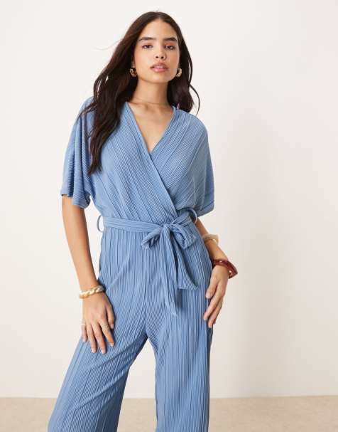 YAS plisse wrap front jumpsuit in blue - view 1