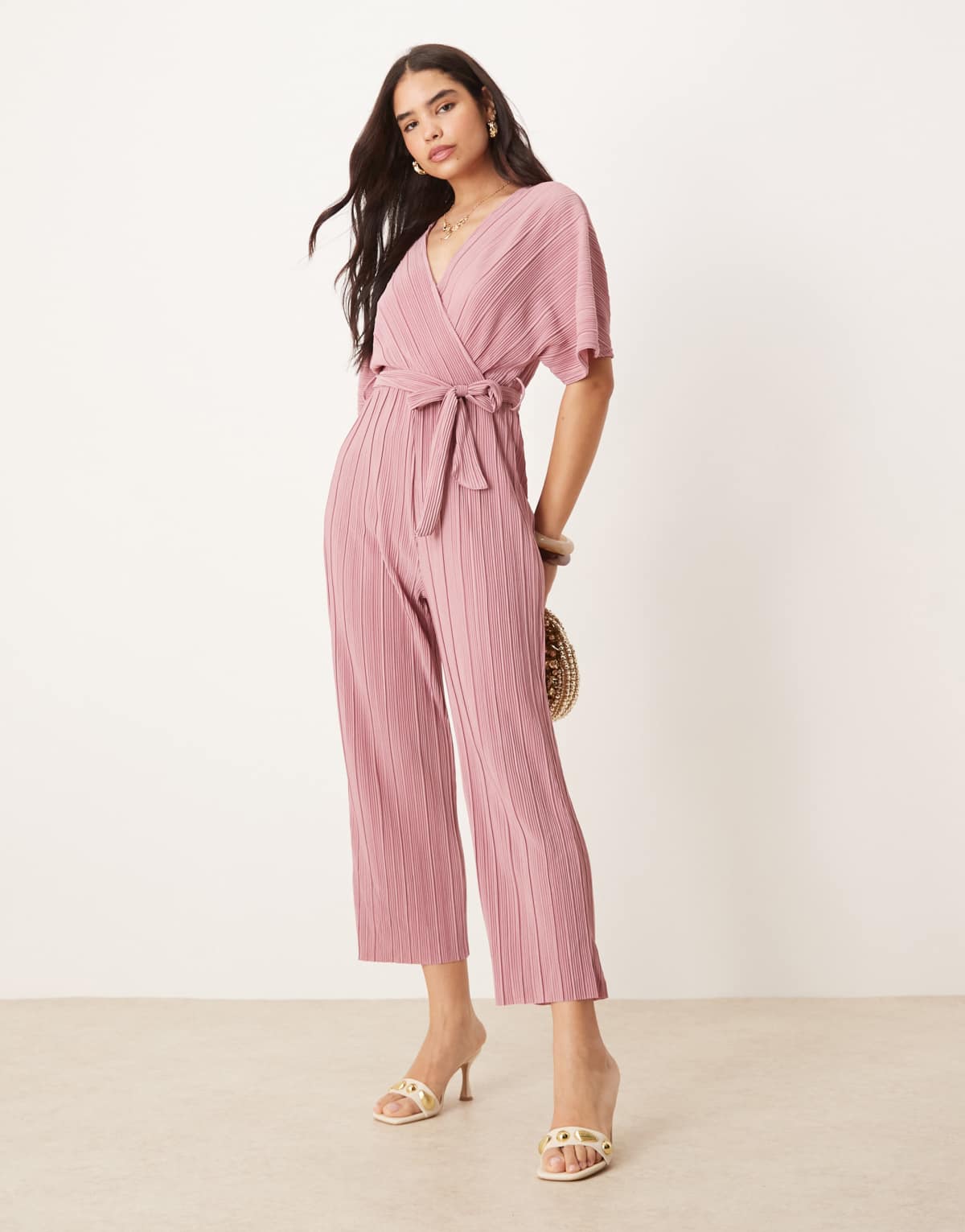 YAS plisse wrap front jumpsuit in lilas pink