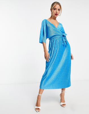 YAS Y.A.S plisse wrap midi dress in blue