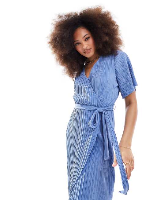 YAS plisse wrap midi dress in blue, 3 of 4