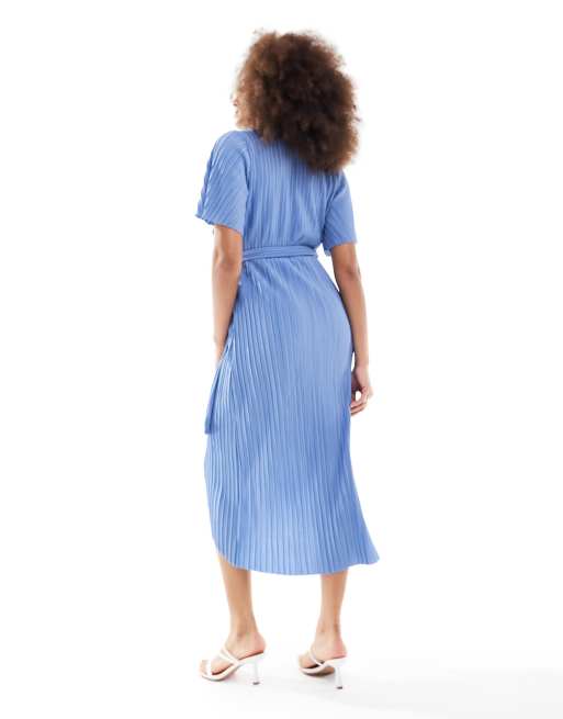 YAS plisse wrap midi dress in blue, 4 of 4
