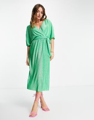 YAS Y.A.S plisse wrap midi dress in green - MGREEN