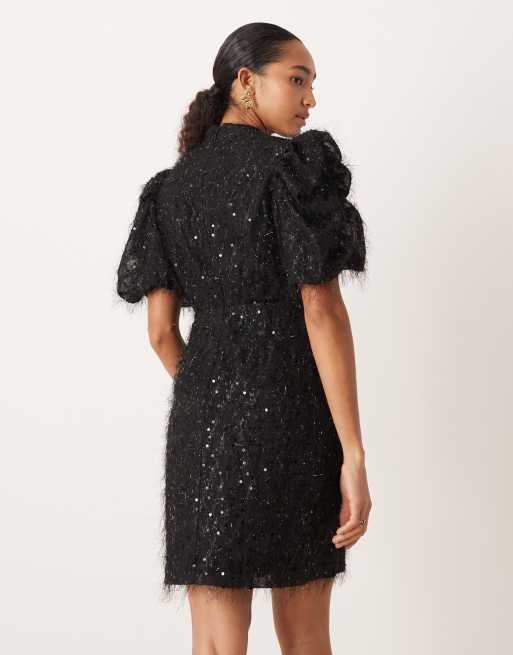 YAS - Pluizige mini-jurk met textuur en lovertjes in zwart, 3 van 4