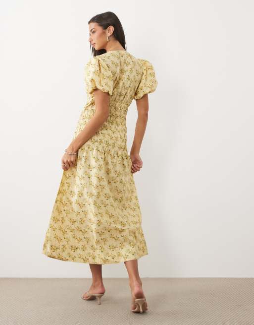 YAS plunge front ruched ditsy floral maxi dress in yellow, 2 of 4