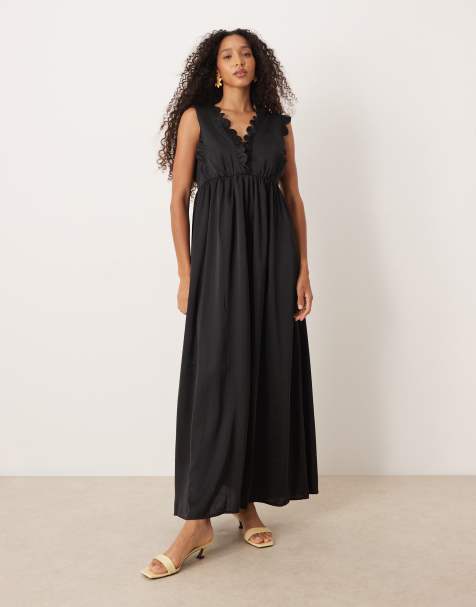 YAS plunge front scallop edge detail satin maxi dress in black - view 1