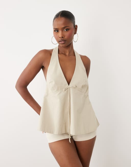 YAS plunge halter neck peplum hem top with bow trim in stone, 3 of 4