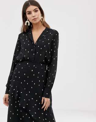 Y.A.S v neck blouse with button detail in black and white polka dot