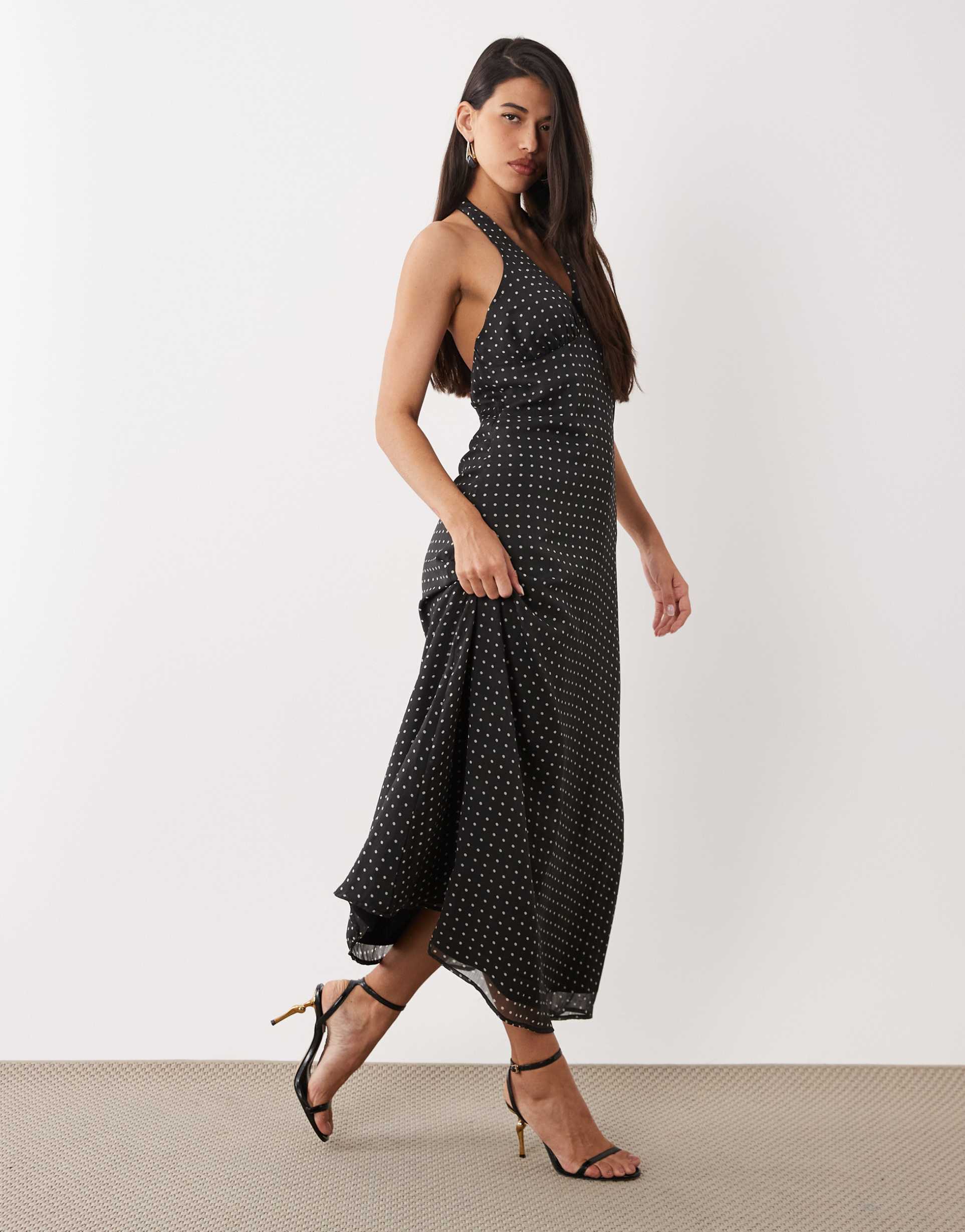 yas polka dot halterneck maxi dress in black and white