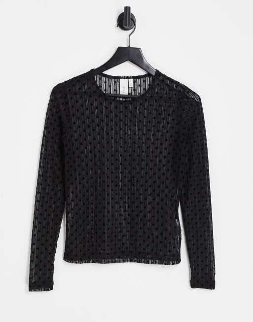 Y.A.S polka dot long sleeve mesh top in black