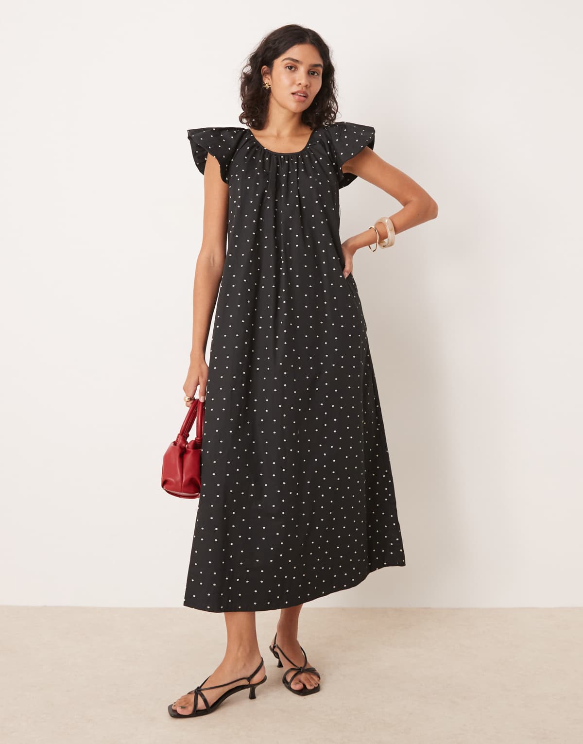 YAS polka dot midi dress in black