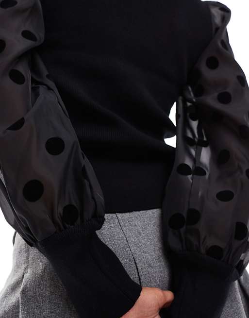 YAS polka dot sheer sleeve knit sweater in black | ASOS YAS polka dot sheer sleeve knit sweater in black | ASOS