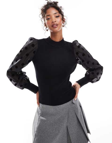 YAS polka dot sheer sleeve knitted jumper in black - view 1
