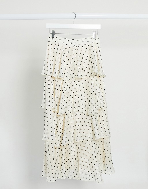 Y.A.S maxi skirt with tiered ruffles in cream spot