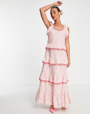 Y.A.S pom pom maxi dress with tiering in pink floral print