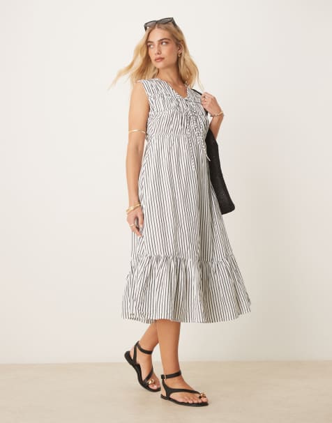 YAS – Popelinowa sukienka midi bez rękawów z głębokim dekoltem w czarno-białe paski - view 1