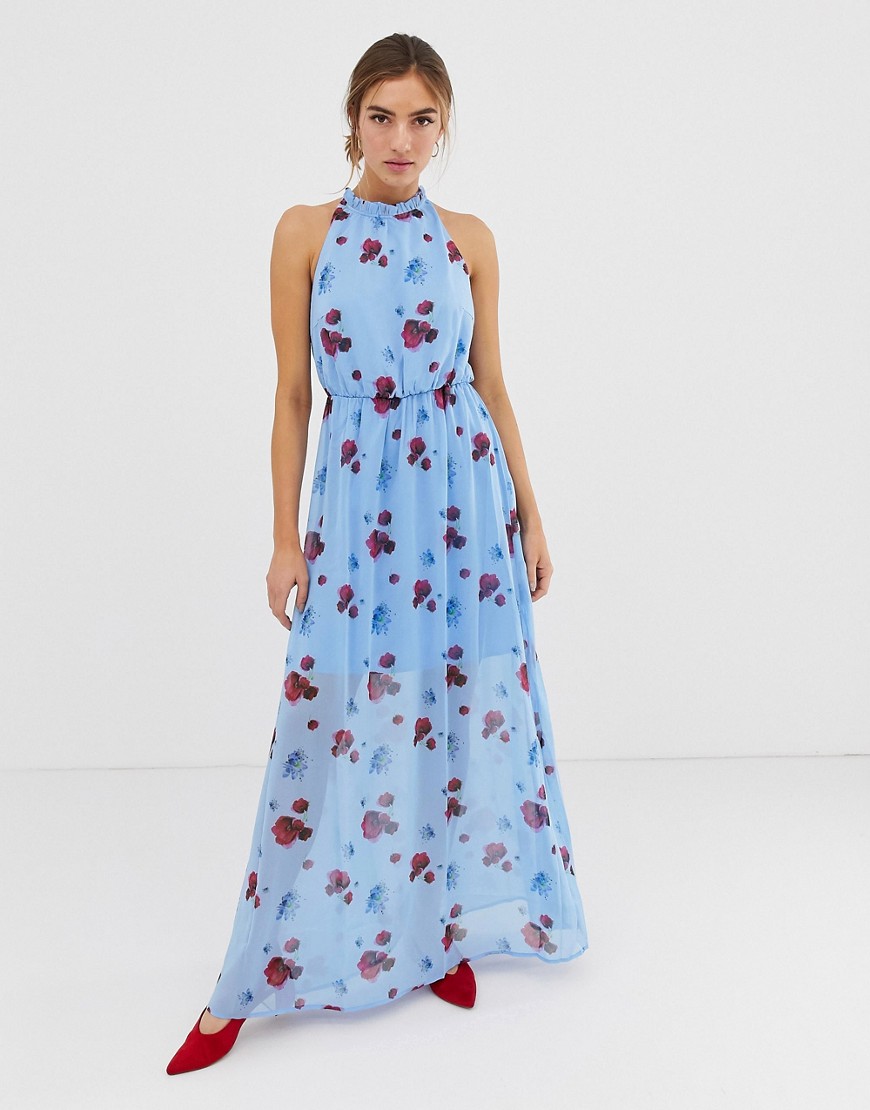 Y.A.S poppy print woven maxi dress in blue-Multi