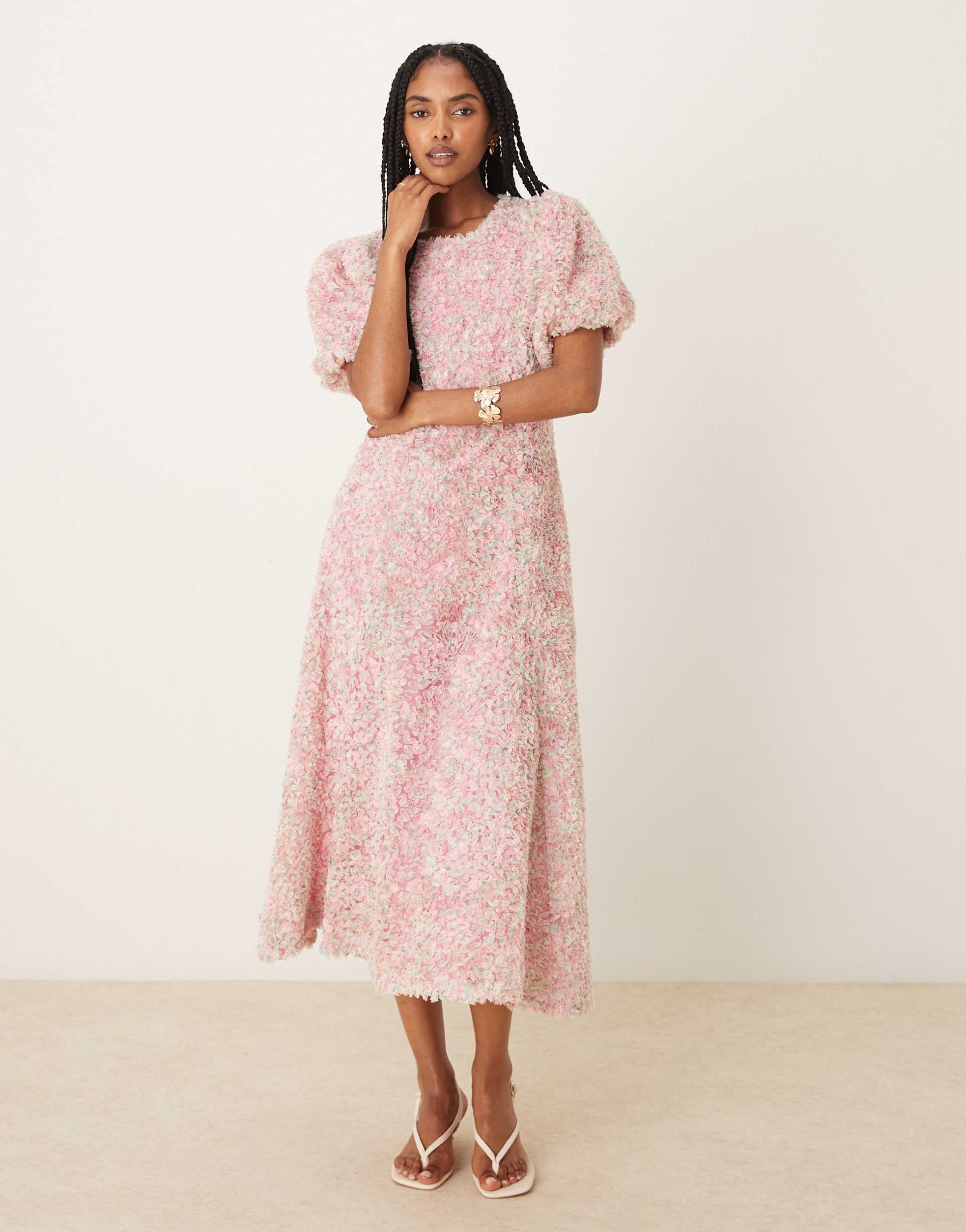 yas premium 3d confetti floral detail maxi dress in pink