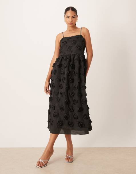 YAS premium 3D floral applique midi dress in black - view 1