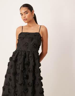 Y.a.s. Premium 3d Floral Applique Midi Dress In Black