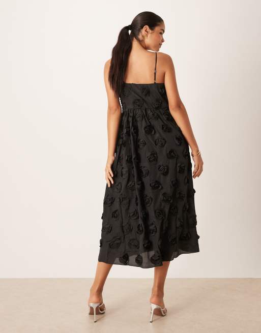 YAS premium 3D floral applique midi dress in black, 3 of 4