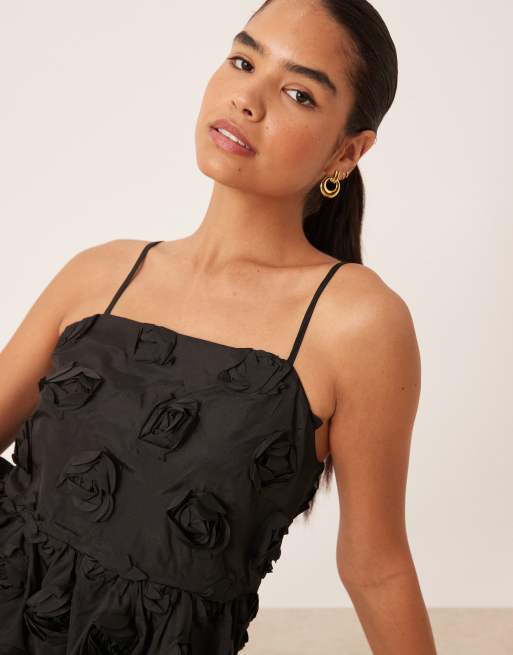 YAS premium 3D floral applique midi dress in black, 4 of 4