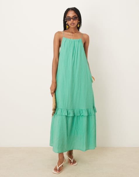 YAS premium crinkle ruffle hem detail cami maxi dress in gumdrop green - view 1