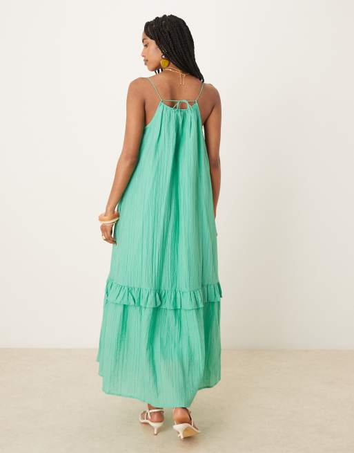 YAS premium crinkle ruffle hem detail cami maxi dress in gumdrop green, 3 of 4