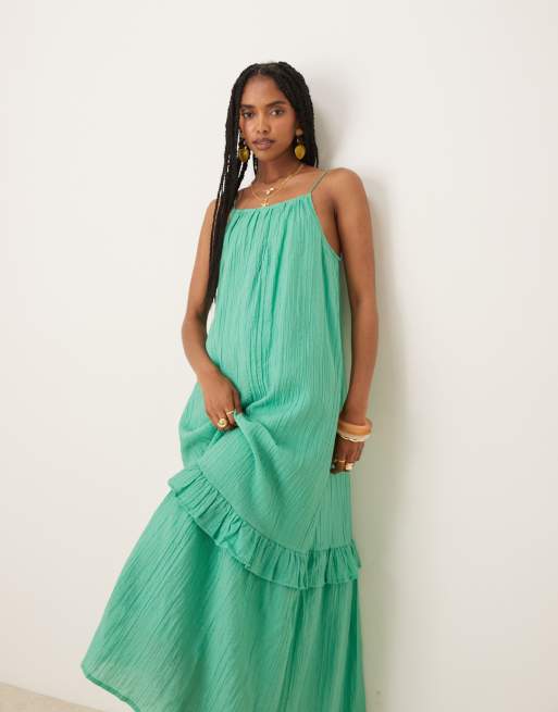 YAS premium crinkle ruffle hem detail cami maxi dress in gumdrop green, 4 of 4