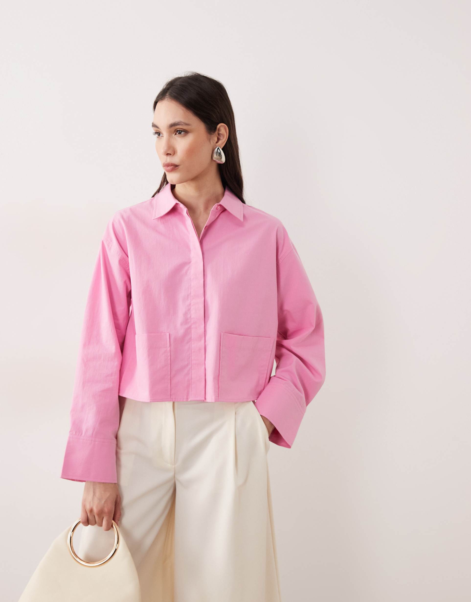 yas premium cropped cotton shirt with pocket details in mauve pink