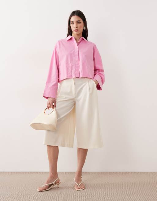 YAS premium cropped cotton shirt with pocket details in mauve pink, 3 of 4