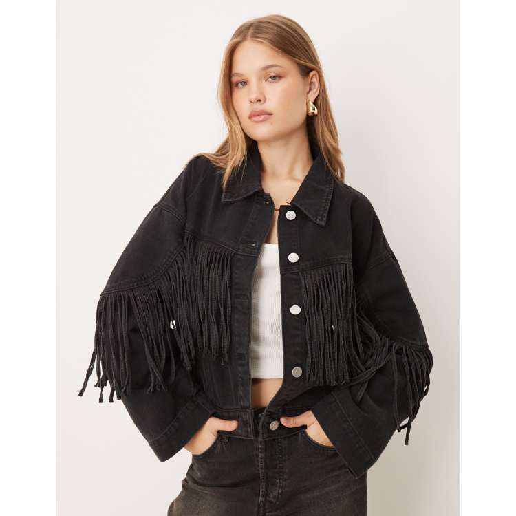 YAS premium denim jacket with fringe in black | ASOS