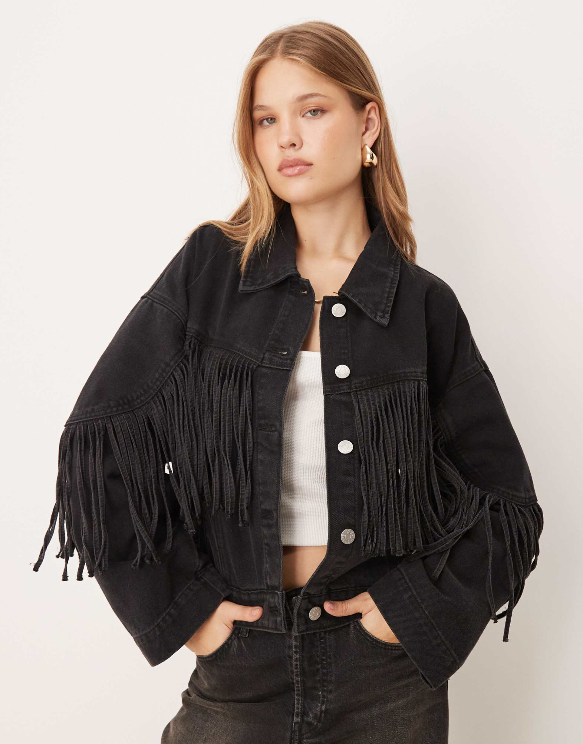 yas premium denim jacket with fringe in black