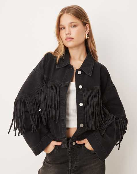 YAS premium denim jacket with fringes in black - view 1