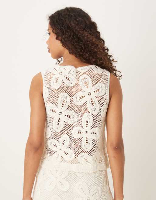 YAS premium floral crochet knit vest in cream - part of a set, 4 of 4