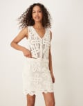 [YAS] YAS premium floral crochet knitted mini skirt in cream (Part of a set)-White M Birch