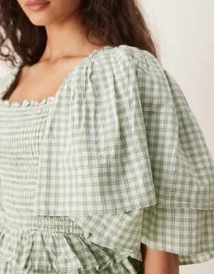 Y.a.s. Premium Gingham Top With Exaggerated Sleeves In Green