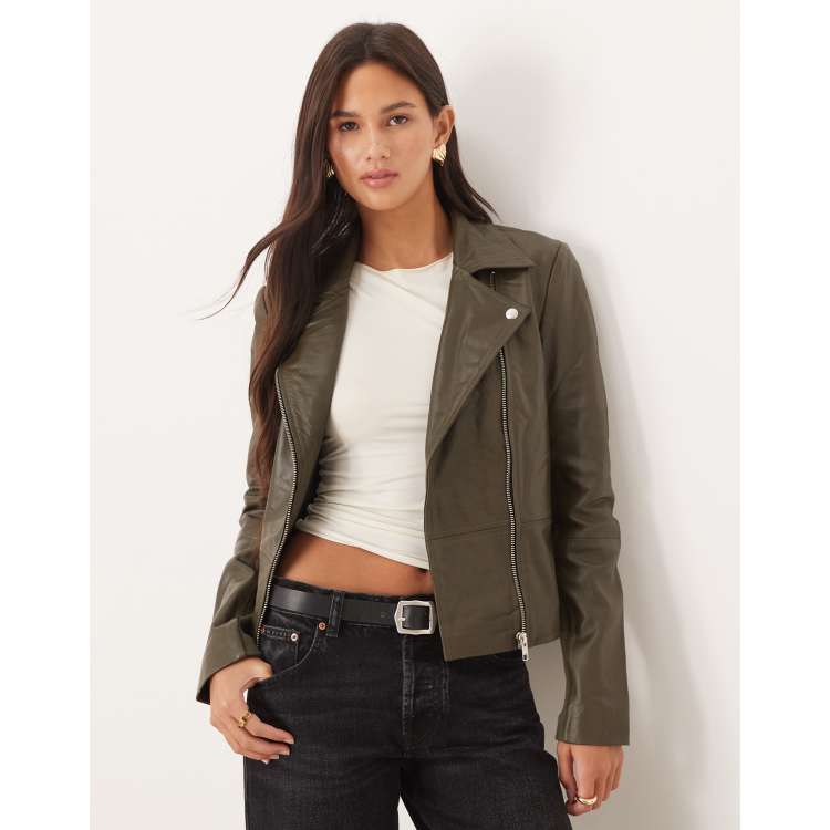 YAS premium leather biker jacket in olive green ASOS