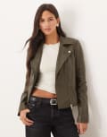 [YAS] YAS premium leather biker jacket in olive green XS Dark Olive
