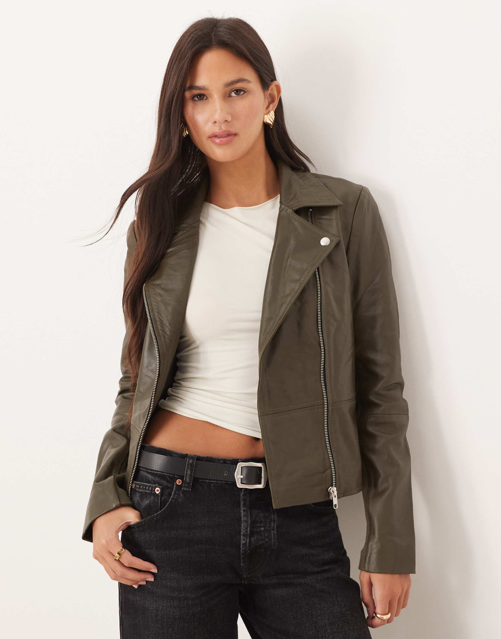yas premium leather biker jacket in olive green