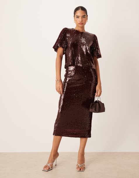 YAS premium sequin midi skirt co-ord in burgundy - view 1