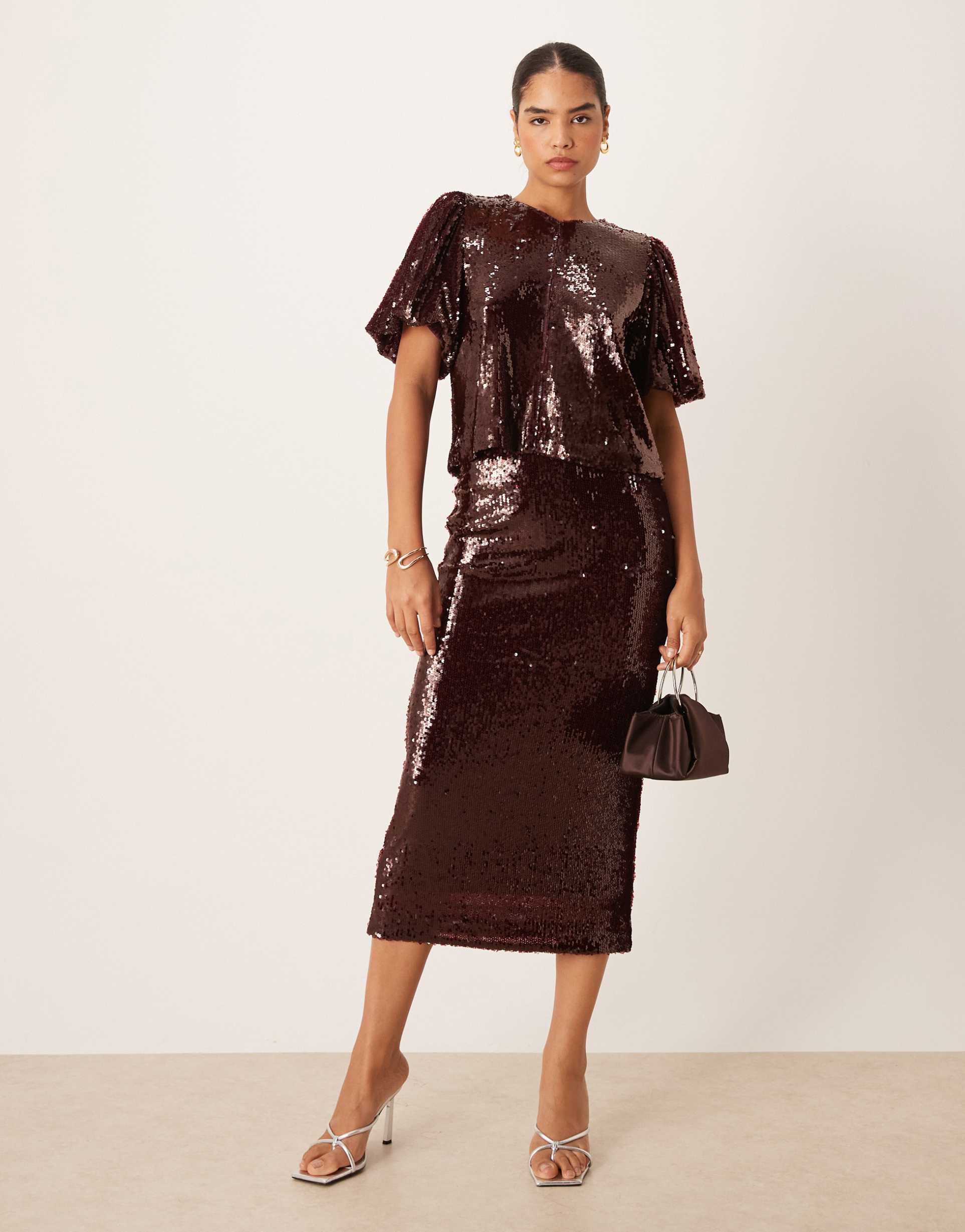 yas premium sequin midi skirt in burgundy - part of a set