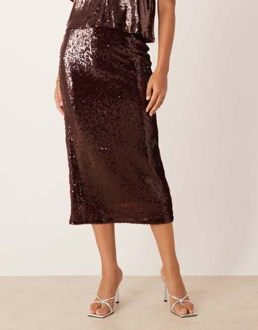 YAS premium sequin midi skirt in burgundy - part of a set, 2 of 5