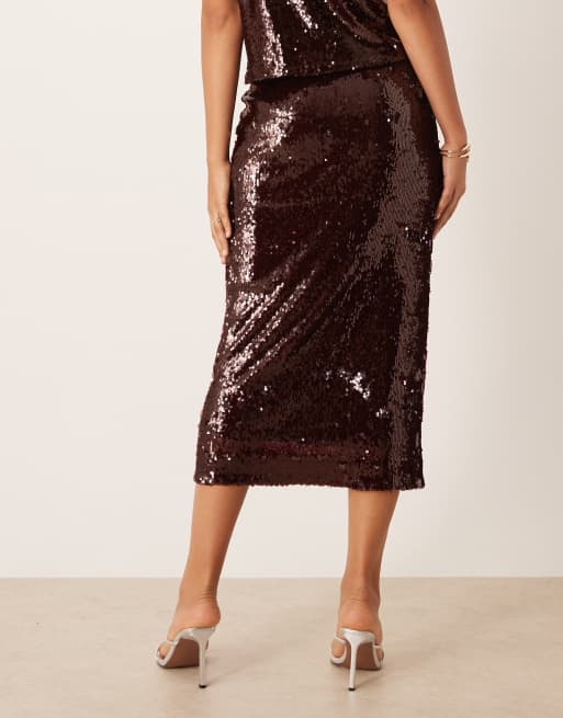 YAS premium sequin midi skirt in burgundy - part of a set, 4 of 5