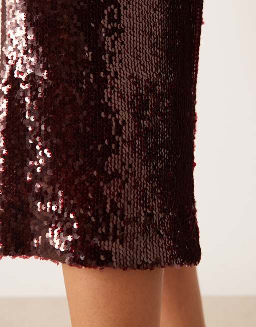 YAS premium sequin midi skirt in burgundy - part of a set, 5 of 5