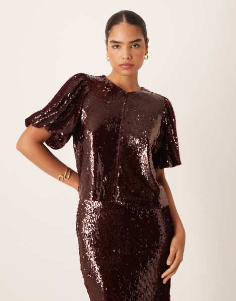 YAS premium sequin top co-ord in burgundy - view 1