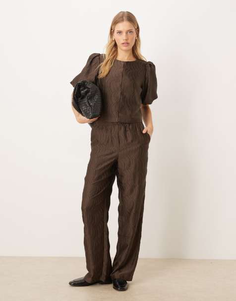 YAS premium texture high waist trousers co-ord in chocolate brown