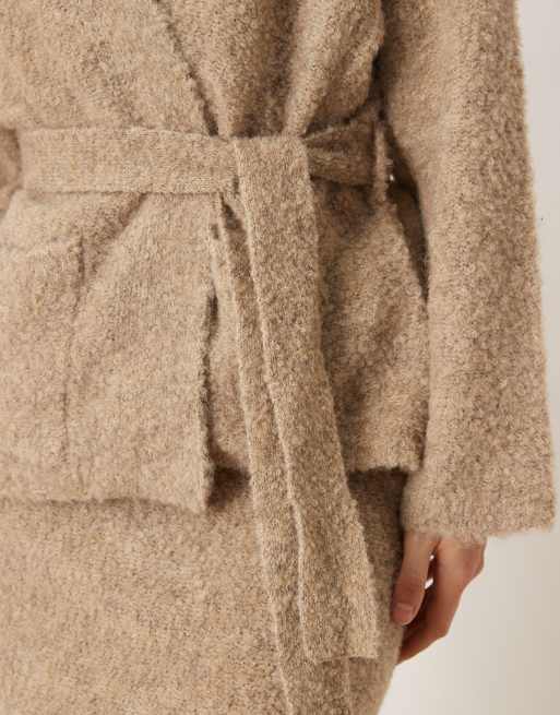 YAS premium textured wrap front knit cardigan in heathered taupe - part of a set, 2 of 4