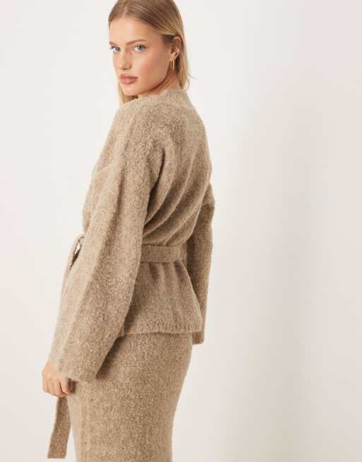 YAS premium textured wrap front knit cardigan in heathered taupe - part of a set, 3 of 4