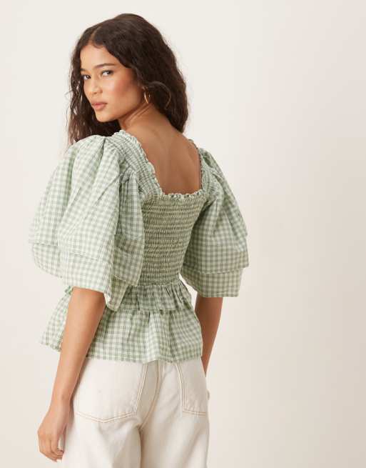 YAS - Premium - Top met overdreven wijde mouwen en gingham ruit in saliegroen en wit, 4 van 4